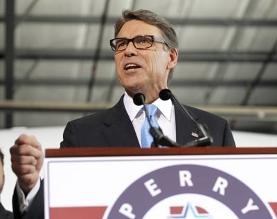 Former Texas Gov. Rick Perry speaks to supporters Thursday in Addison, Texas, in announcing the launch of his presidential campaign. (Associated Press)