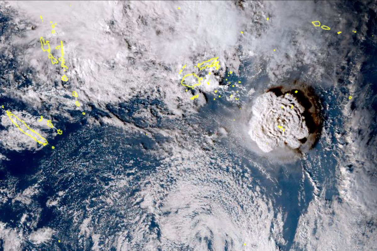 This satellite image taken by Himawari-8, a Japanese weather satellite, shows an undersea volcano eruption Saturday near the Pacific nation of Tonga. (HOGP)