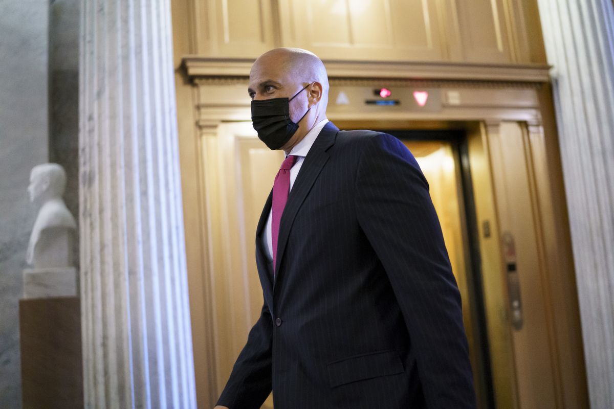 Sen. Cory Booker, D-N.J., arrives at the Senate chamber at the Capitol in Washington, Wednesday, Sept. 22, 2021, after bipartisan congressional talks on overhauling policing practices ended without an agreement.  (J. Scott Applewhite)