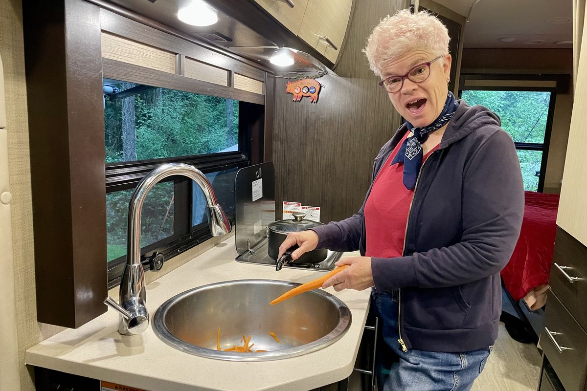 The kitchen area of the Thor Gemini includes a large sink and a two-burner stove. (John Nelson)