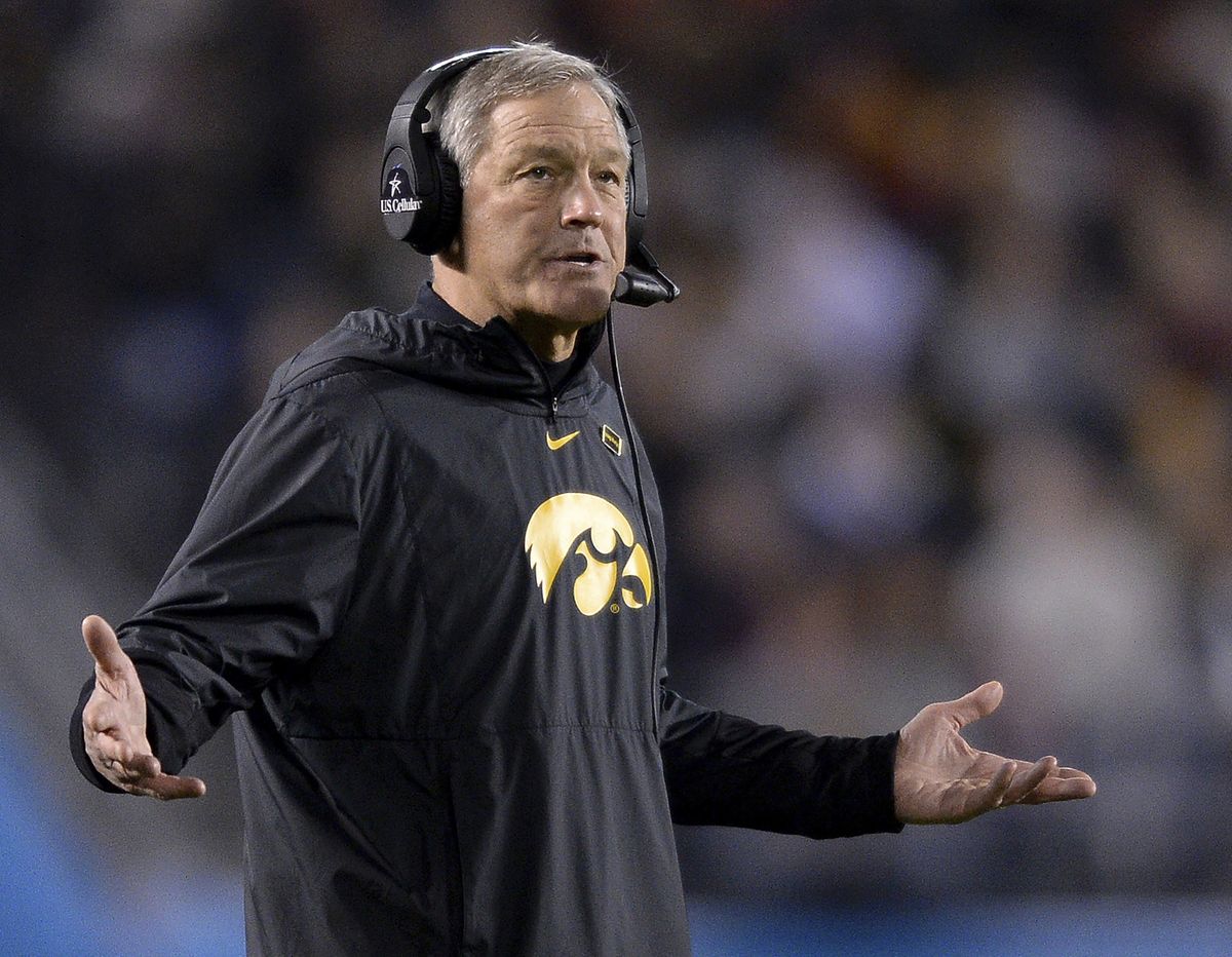FILE - In this Dec. 27, 2019, file photo, Iowa head coach Kirk Ferentz reacts during the second half of the Holiday Bowl NCAA college football game against Southern California. The University of Iowa said it would not pay a demand from eight Black former football players for $20 million in compensation for alleged racial discrimination they faced while they played for the Hawkeyes. The players also called for the firings of Kirk Ferentz, offensive line coach Brian Ferentz and athletic director Gary Barta.  (Orlando Ramirez)