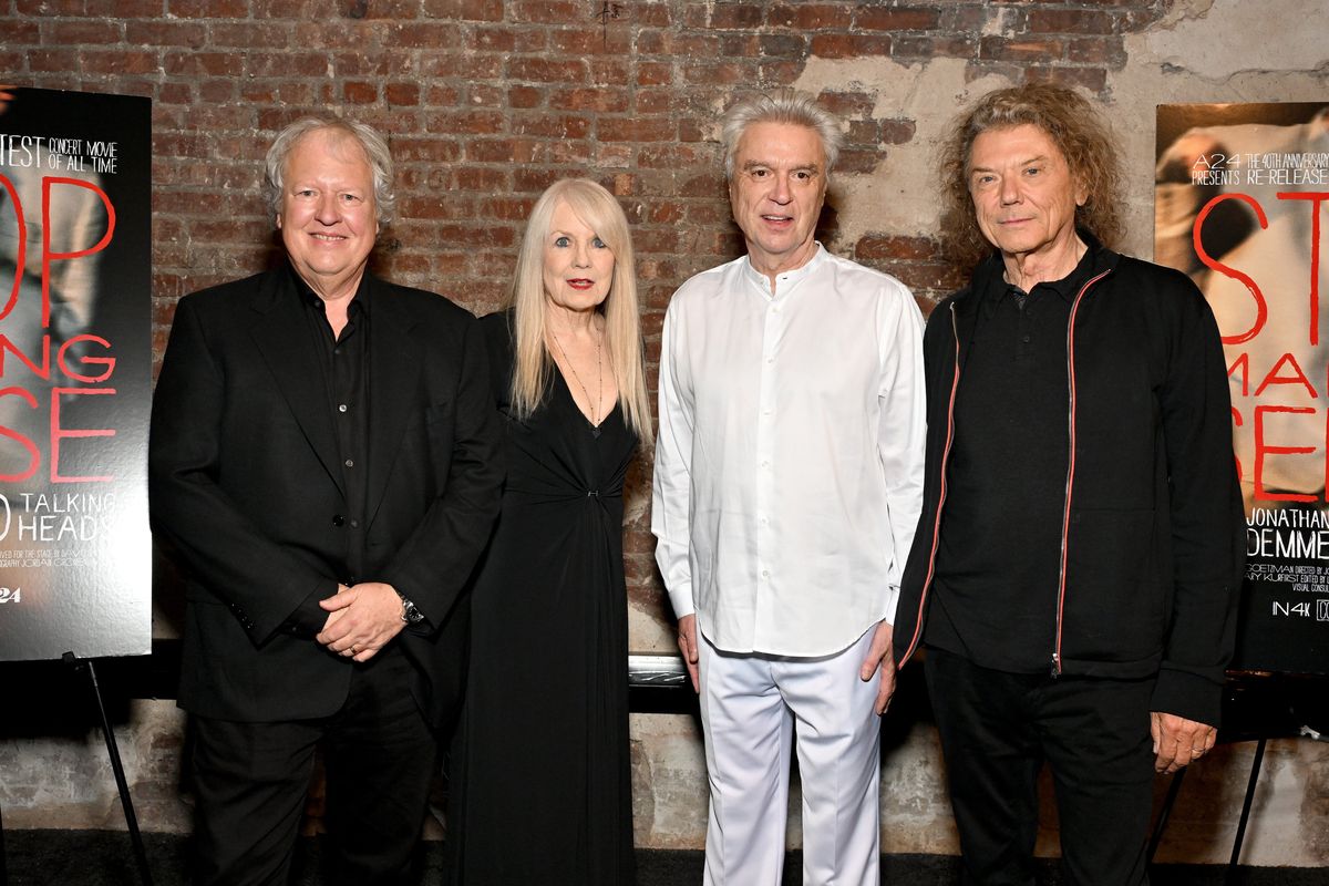 Chris Frantz, Tina Weymouth, David Byrne and Jerry Harrison of Talking Heads attend the “Stop Making Sense” Q&A hosted by BAM and A24 at BAM Harvey Theater on Wednesday in Brooklyn, New York.  (Slaven Vlasic/Getty Images for BAM)