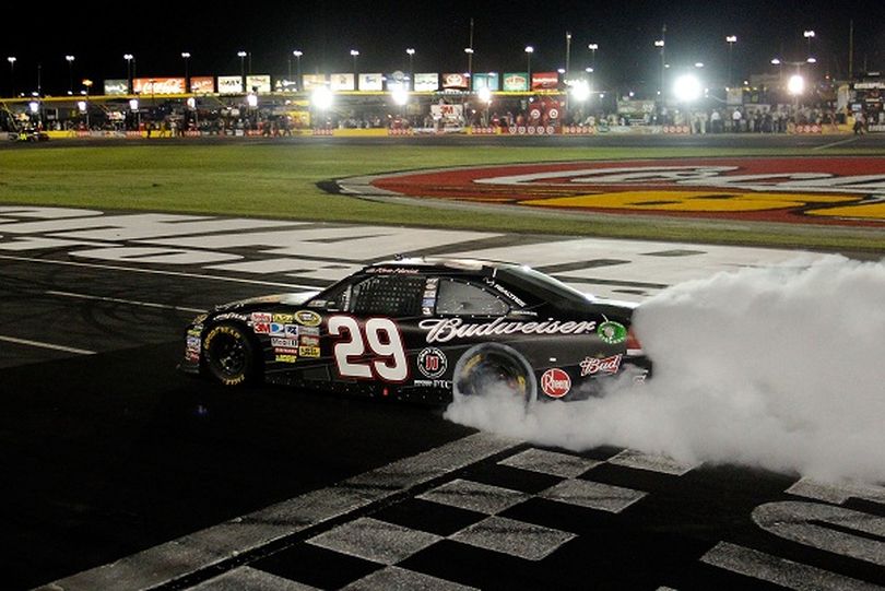Kevin Harvick celebrates winning the Coca-Cola 600 with a burnout on the front stretch at Charlotte Motor Speedway. (Photo Credit: Justin Edmonds/Getty Images for NASCAR) (Justin Edmonds / Getty Images North America)