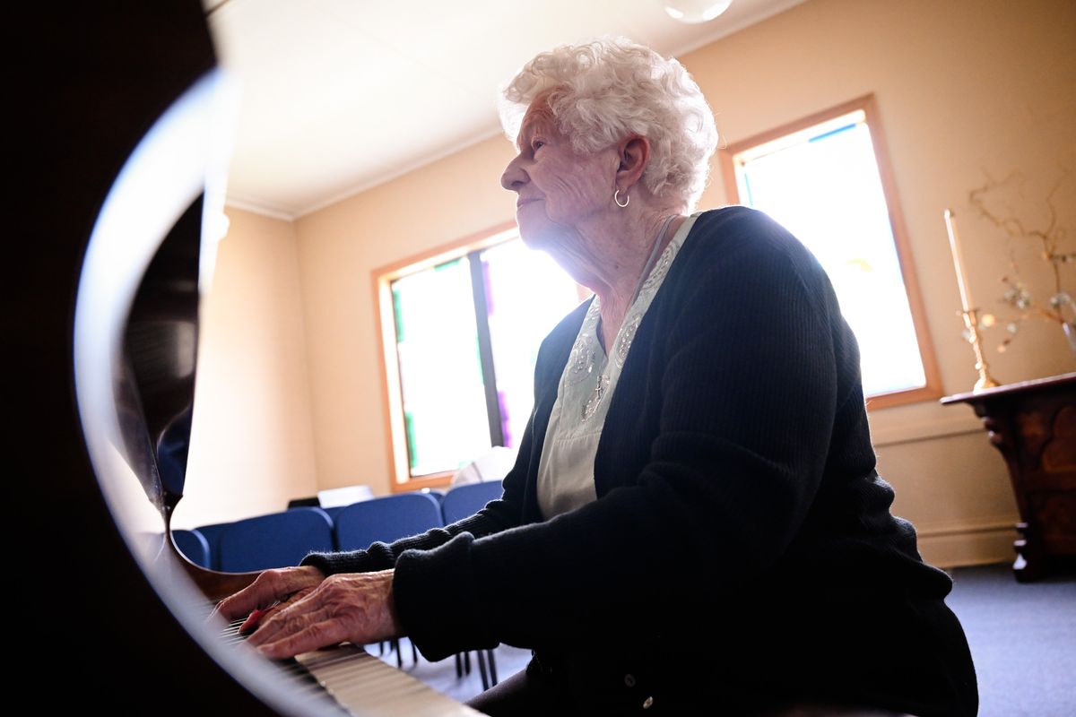 Pianist Joanne Brown plays on Thursday, Jun 4, 2026, at Moran United Methodist Church in Spokane, Wash. Brown has spent decades playing for area groups. She played for the Melody Singers for 25 years, and was the only accompanist the Senior Serenarers have had since they began in 1996. She started playing for Sunday School at Moran Prairie UMC when she was 10. Seventy-six years later, she’s retiring and moving to Tri Cities to be near family.  (Tyler Tjomsland/The Spokesman-Review)