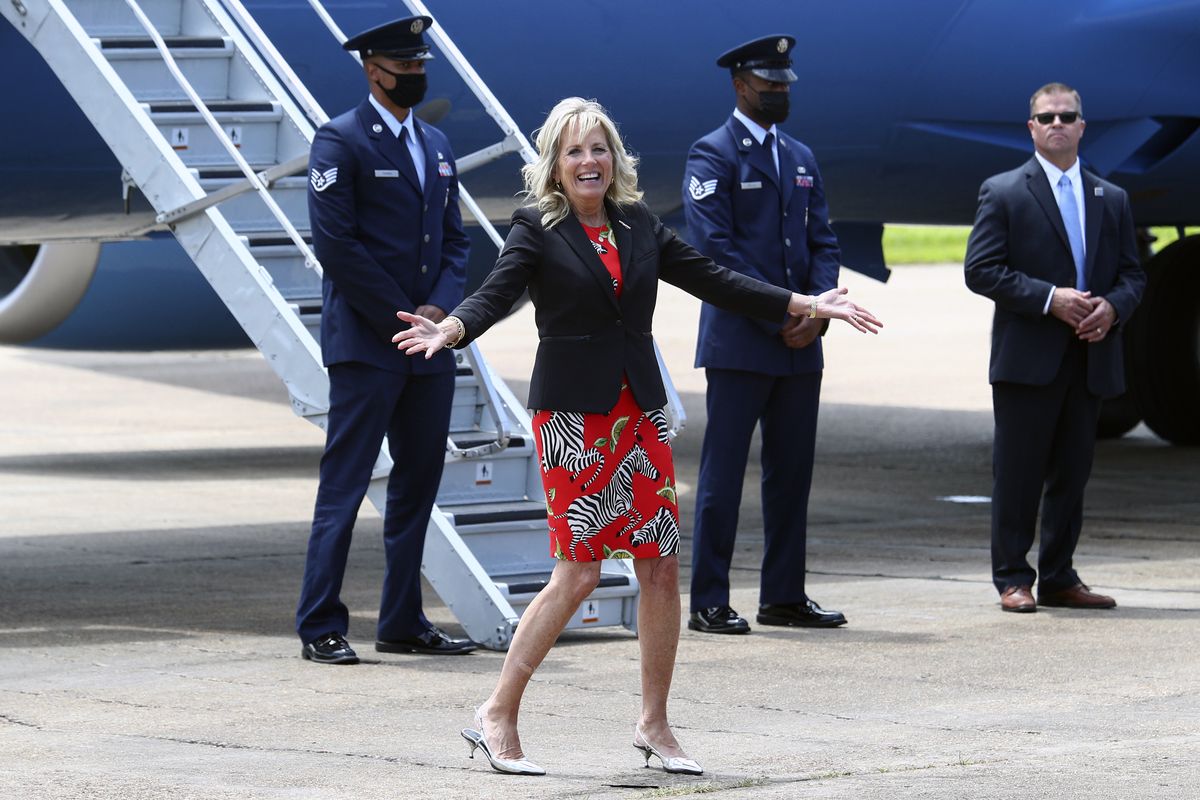 FILE - First lady Jill Biden reacts to a question from a reporter at Jackson-Medgar Wiley Evers International Airport, in Pearl, Miss., on June 22, 2021.  (Tom Brenner)