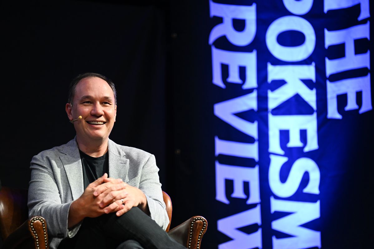 Jamie Ford laughs as he speaks Wednesday about his latest book during a Northwest Passages Book Club event at the Montvale Event Center in downtown Spokane.  (Tyler Tjomsland/The Spokesman-Review)