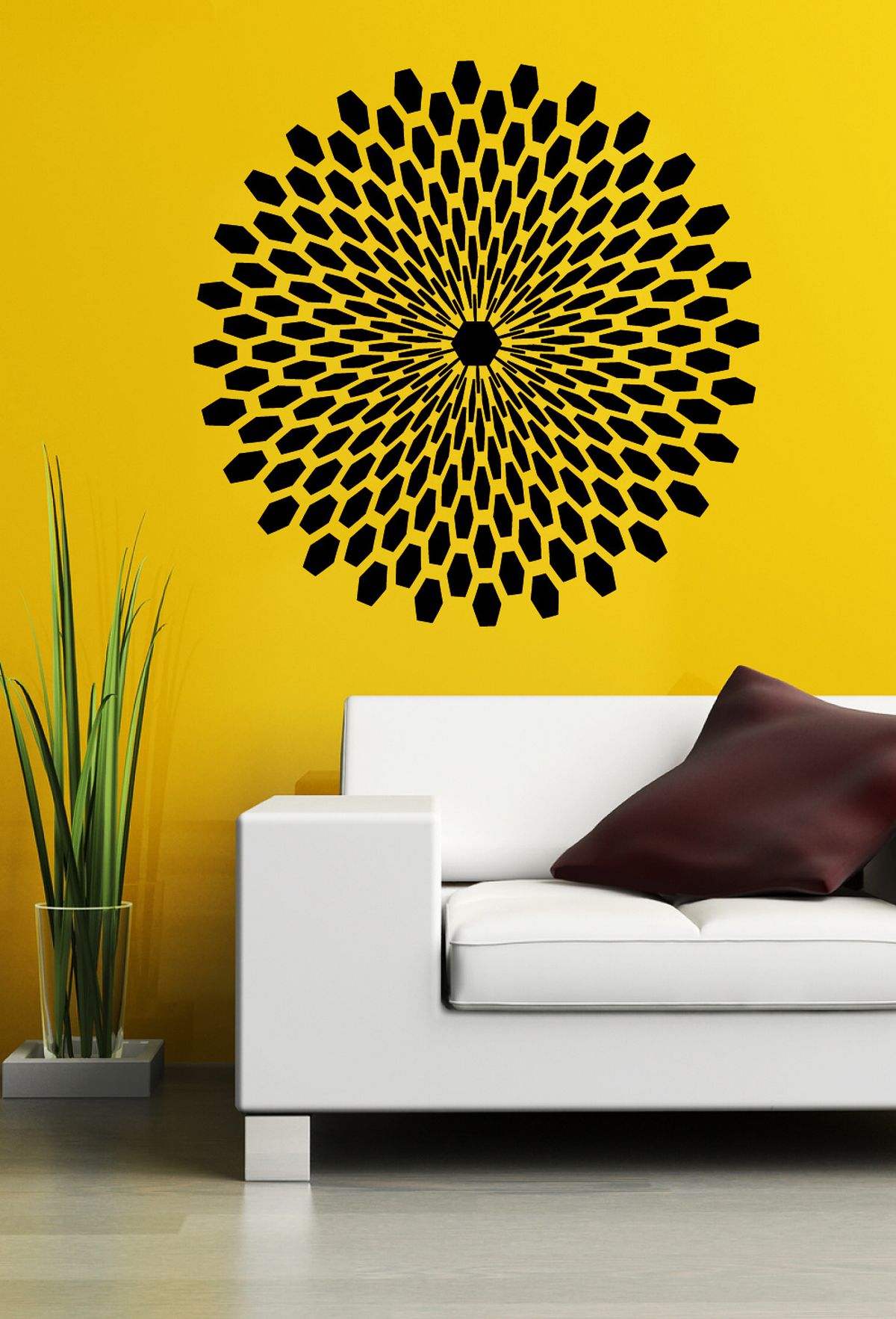 A 3-D wall decal, easily installed, stands out on a wall in a drawing room.