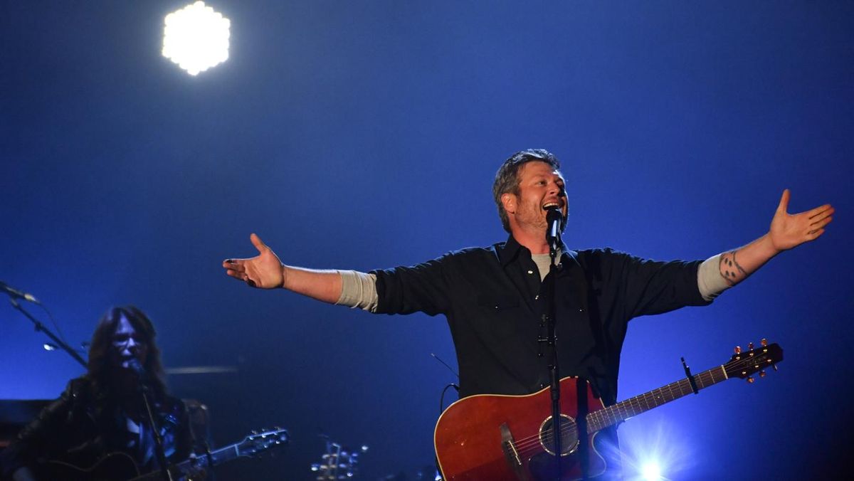 Blake Shelton performs during the “Friends and Heroes 2020 Tour” stop at the Spokane Arena on Saturday, Feb. 15, 2020. (Tyler Tjomsland / The Spokesman-Review)