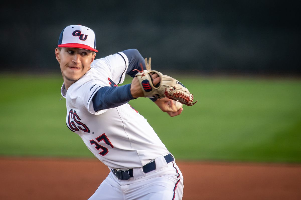 Gonzaga pitcher Alek Jacob, a North Central High School product, pitches against BYU on April 22 at the Patterson Baseball Complex.  (COLIN MULVANY/THE SPOKESMAN-REVIEW)