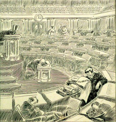 This Chicago Tribune cartoon by John T. McCutcheon regarding a filibuster in the Senate was published May 26, 1928.  (Library of Congress)