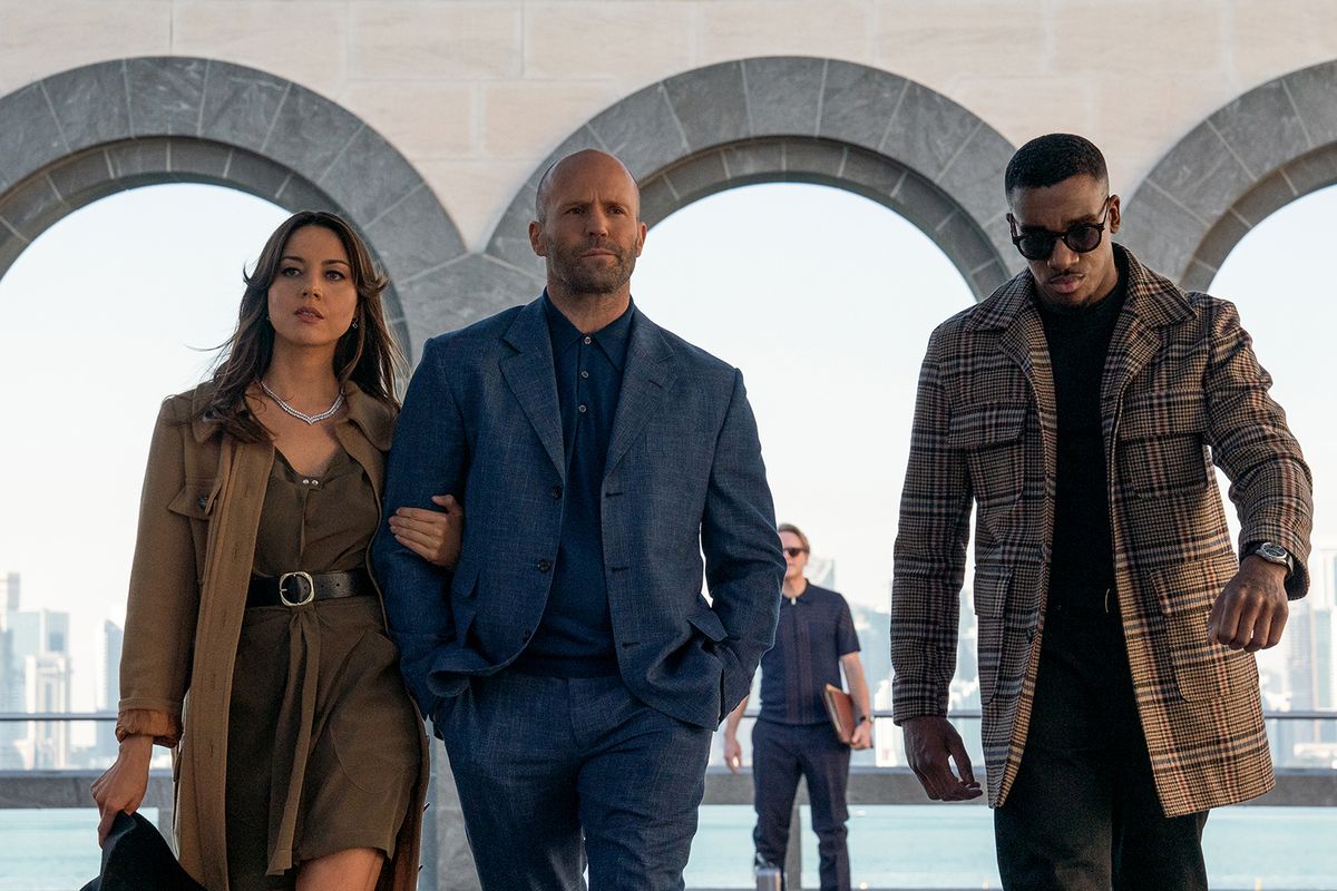 Aubrey Plaza, left, Jason Statham and Bugzy Malone in “Operation Fortune: Ruse de Guerre.”  (Lionsgate)