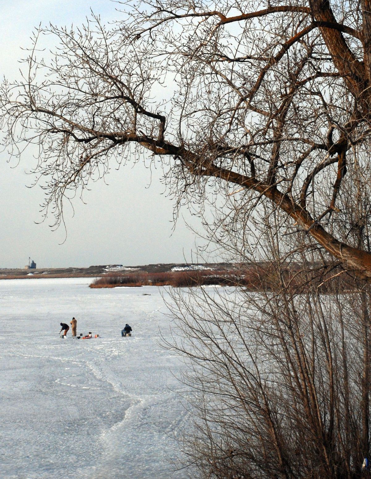 Fishermen trek out on the ice on a cold January day to try ice fishing at Sprague Lake.  (Rich Landers / The Spokesman-Review)
