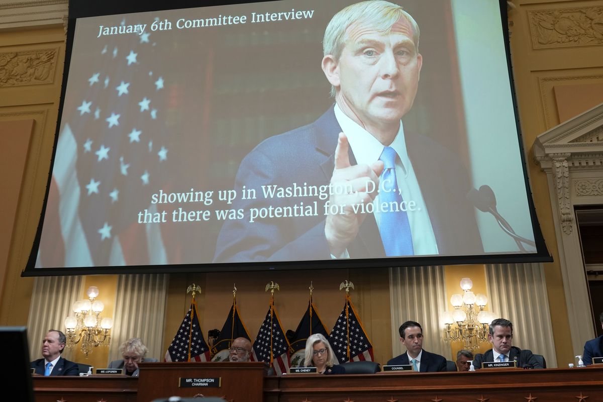 A clip of former acing deputy attorney general Richard Donoghue is displayed during a hearing of the House committee investigating the Jan. 6 attack on the Capitol on Capitol Hill in Washington, June 28, 2022.    (Doug Mills/The New York Times)