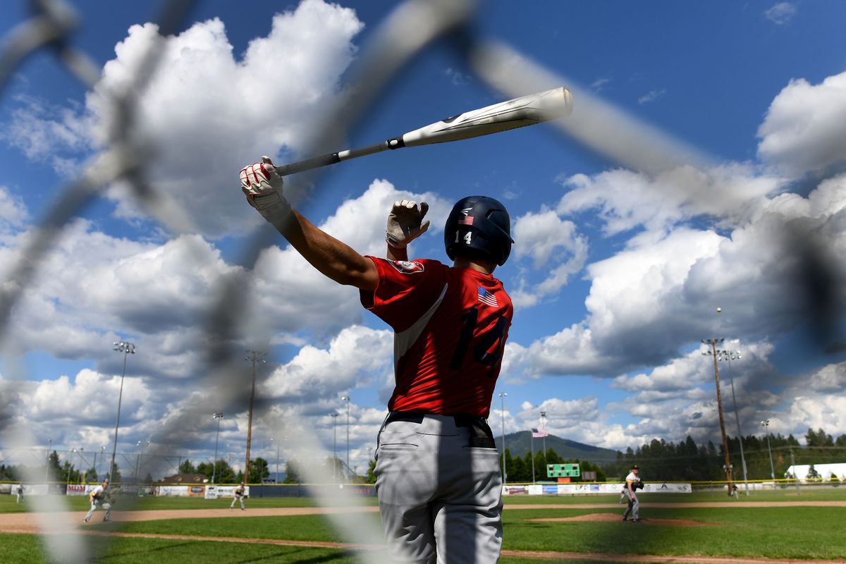 Coeur d’Alene Lumbermen’s Alex Karns practices his swing during a game against the Spokane Crew baseball club at Thorco Field in Coeur d’Alene on Thursday.  (Kathy Plonka/The Spokesman-Revie)