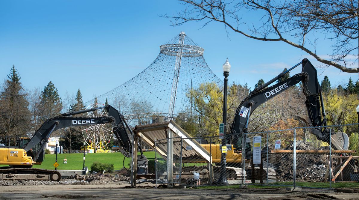 Equipment digging into the earth in Riverfront Park is shown in this April 2017 photo. The redevelopment of the park was assisted by $600,000 in federal dollars.  (DAN PELLE)