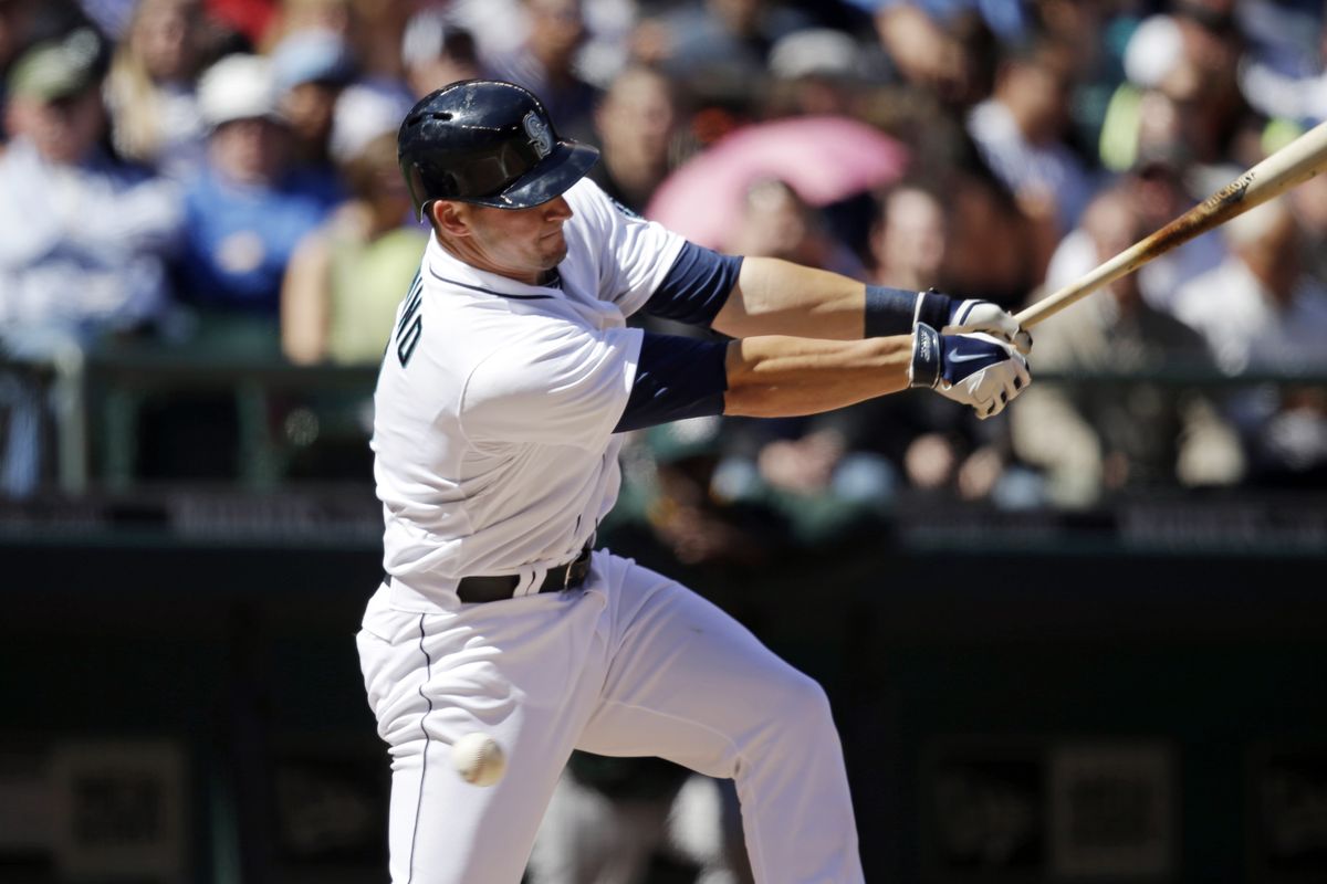 Mariners’ Mike Zunino strikes out against Scott Kazmir, who fanned nine in six shut-out innings. (Associated Press)
