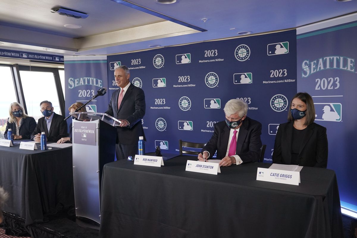 Baseball Commissioner Rob Manfred speaks during a news conference, Thursday, Sept. 16, 2021, at the Space Needle in Seattle. Manfred announced that the Seattle Mariners will host the 2023 MLB All-Star Game at T-Mobile Park.  (Ted S. Warren)