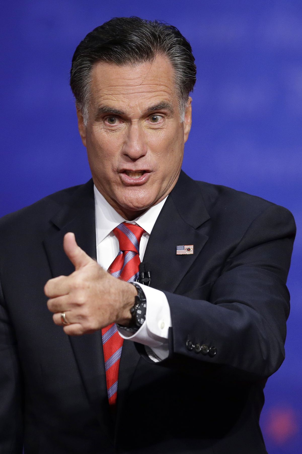 Republican presidential nominee Mitt Romney flashes a thumbs up to the audience after the third presidential debate at Lynn University, Monday, Oct. 22, 2012, in Boca Raton, Fla. (Charlie Neibergall / Associated Press)