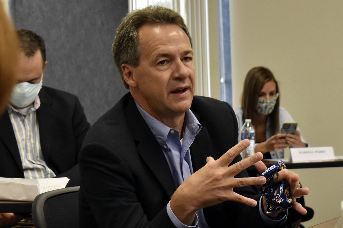 Montana Gov. Steve Bullock speaks to members of the business community in Billings, Mont., on July 24, 2020. The Democratic governor is asking a federal judge to oust the Trump administration official responsible for overseeing more than quarter-billion acres of public lands.  (Matthew Brown)