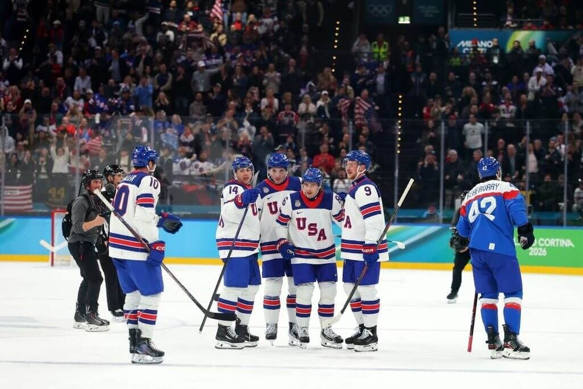 Team USA celebrates a goal during a dominant win over Slovakia in the Olympic men’s hockey semifinal on Friday.  (Getty Images)