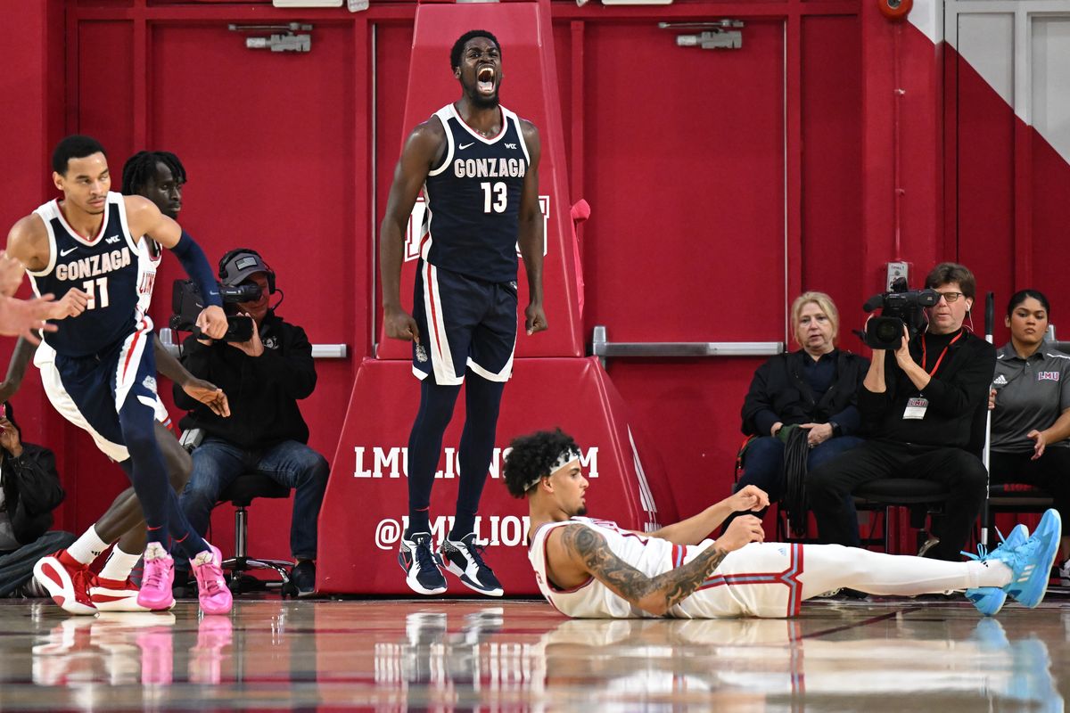 Gonzaga Bulldogs forward Graham Ike (13) cheers after a stop against the Loyola Marymount Lions during the second half of a college basketball game on Saturday, Jan. 4, 2025, at Gersten Pavilion in Los Angeles, Calif. Gonzaga won the game 96-68.  (Tyler Tjomsland/The Spokesman-Review)