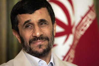 
Iranian President Mahmoud Ahmadinejad said Monday he does not believe the U.S. is preparing for war against Iran. Associated Press
 (Associated Press / The Spokesman-Review)