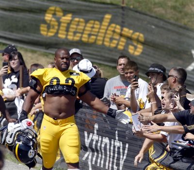 Pittsburgh Steelers outside linebacker James Harrison is greeted by fans as he comes to the field in pads for NFL football training camp in Latrobe, Pa., last week. (AP Photo/Keith Srakocic)