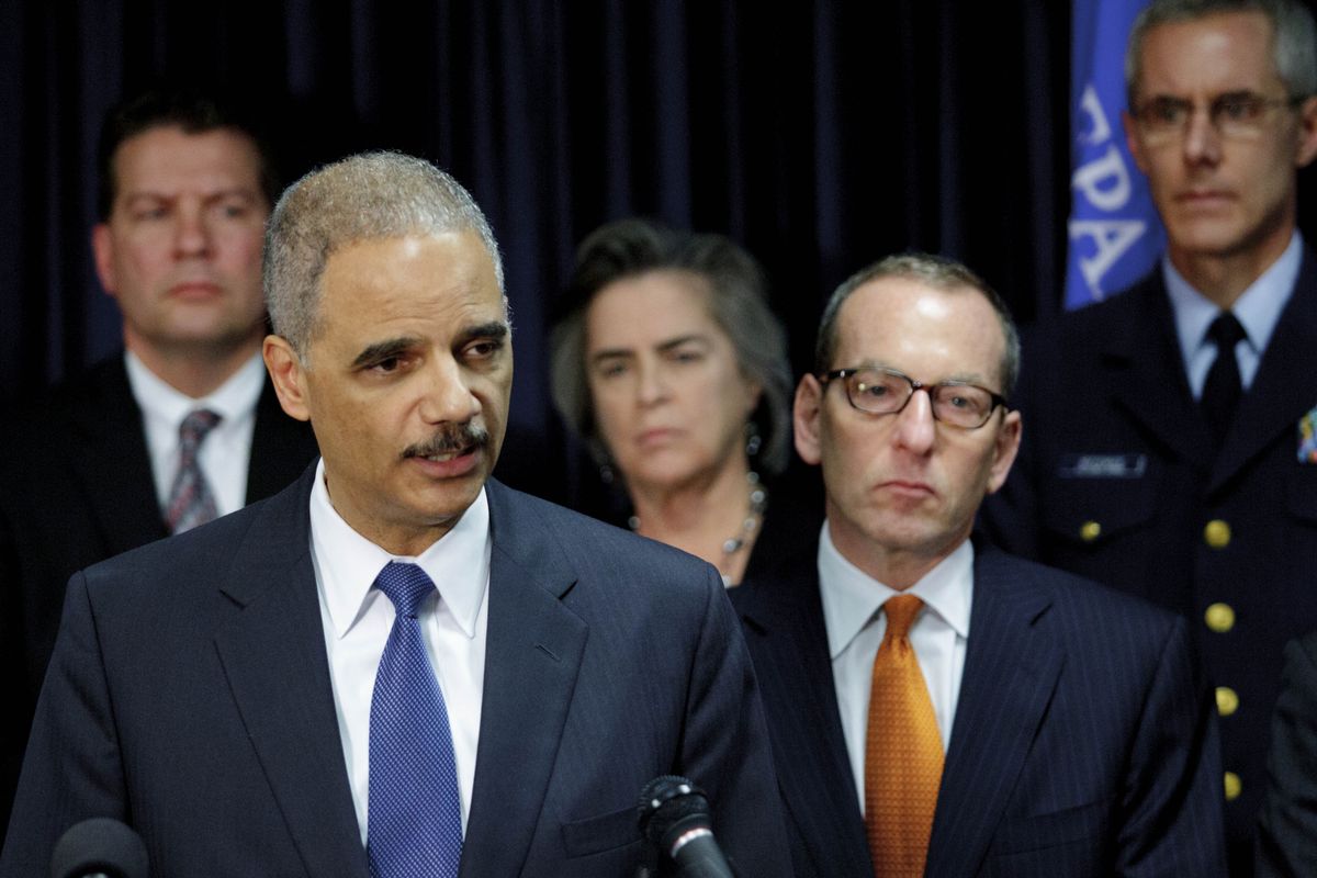 U.S. Attorney General speaks about the 2010 Gulf Oil Spill settlement and criminal penalties at 400 Poydras Tower in the Central Business District of in New Orleans, La. Thursday, Nov. 15, 2012.  Holder said the settlement and indictments aren
