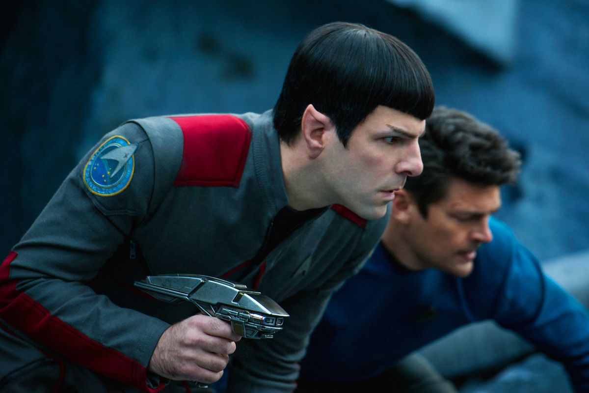 In this image released by Paramount Pictures, Zachary Quinto, left, and Karl Urban appear in a scene from “Star Trek Beyond.” (Kimberley French / Paramount Pictures via AP)
