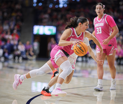 Gonzaga guard Ines Bettencourt drives the ball against Pacific during a West Coast Conference game on Saturday at McCarthey Athletic Center.  (Courtesy of Gonzaga Athletics)