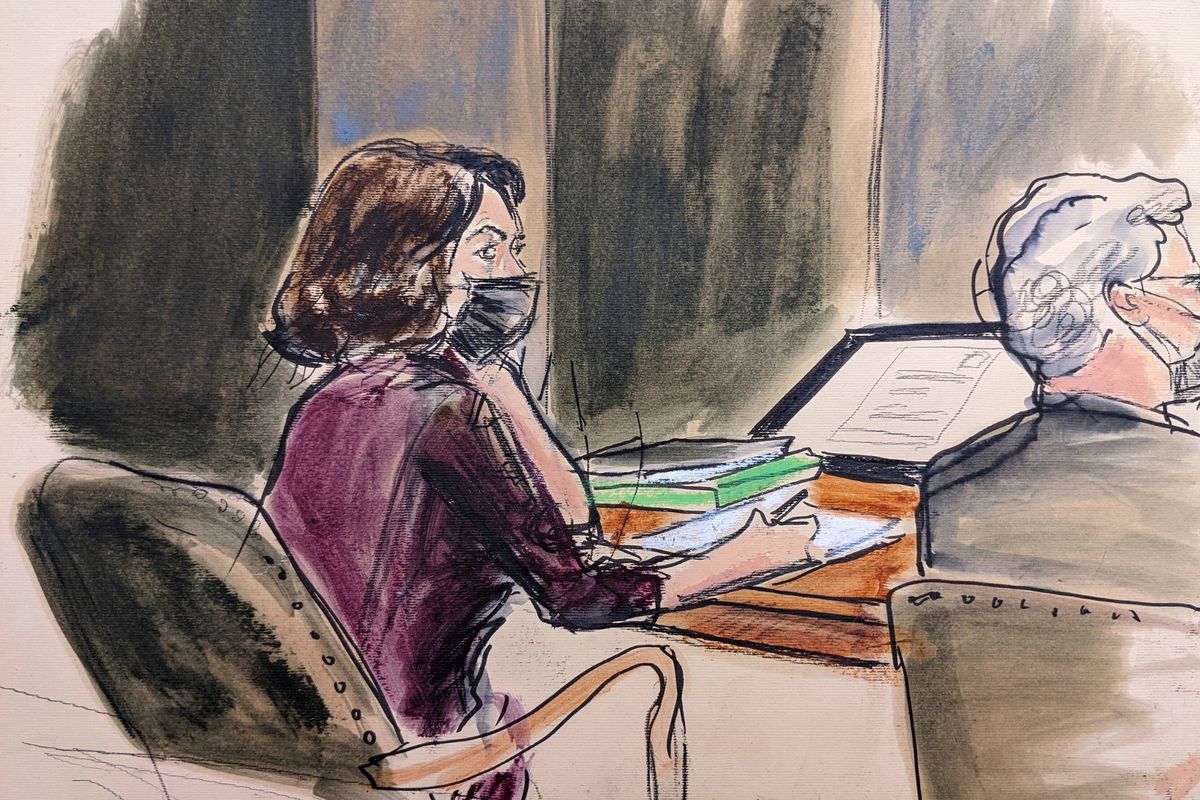 In this courtroom sketch, Ghislaine Maxwell, left, sits at the defense table with defense attorney Jeffrey Pagliuca while listening to testimony in her sex abuse trial, Thursday, Dec. 16, 2021, in New York.  (Elizabeth Williams)