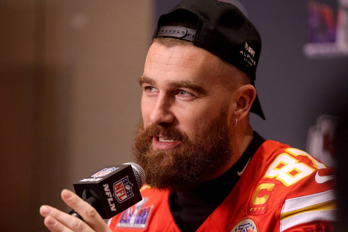 Kansas City tight end Travis Kelce talks with the news media Tuesday at Westin Lake Las Vegas in Henderson, Nevada. The Chiefs will face the San Francisco 49ers in the Super Bowl on Sunday at Allegiant Stadium in Las Vegas.  (K.M. Cannon)