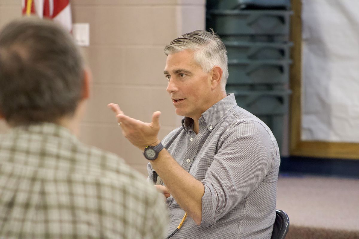 Rep. Michael Baumgartner talks during a town hall in Republic on the evening of Monday, May 4, 2026, as part of a tour across the 5th Congressional District. (Monica Carrillo-Casas/The Spokesman-Review)