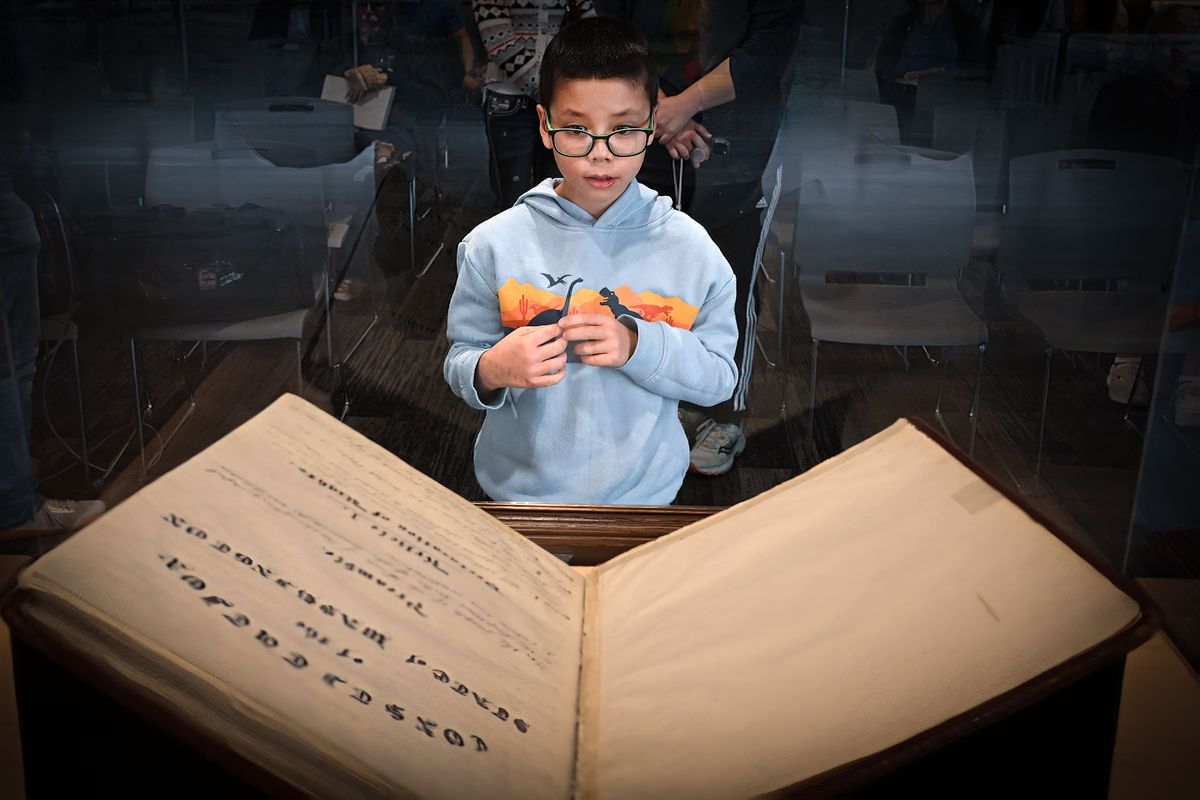 Oliver Hokama, 8, views the original Washington state Constitution, on display for just three hours, Monday at the Spokane Public Library. It is the first time the historic document has traveled to Eastern Washington. When not on display for special occasions, it is stored in a climate-controlled vault in the Washington State Archives on the Capitol campus in Olympia.  (COLIN MULVANY /THE SPOKESMAN-REVIEW)