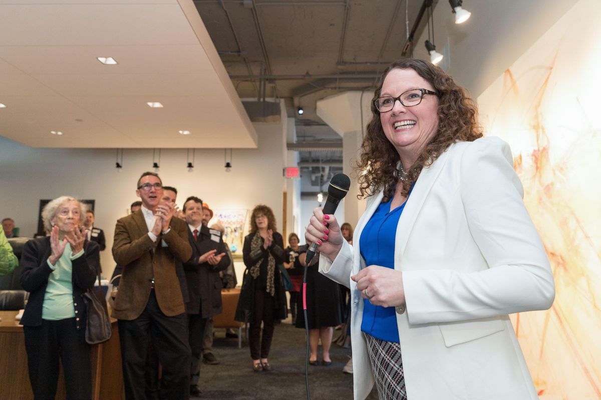 In a Wednesday, March 14, 2018 photo, Kara Eastman speaks at a fundraiser for her campaign at the Omaha Design Center, in Omaha, Neb. Eastman is one of two Democrats vying to challenge a Republican incumbent in a district centered in Omaha. (Matt Dixon / Associated Press)