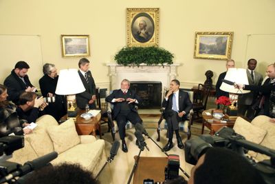 President Barack Obama listens while Brazil’s President Luiz Inacio Lula da Silva responds to a question  in the Oval Office of the White House on Saturday.  (Associated Press / The Spokesman-Review)