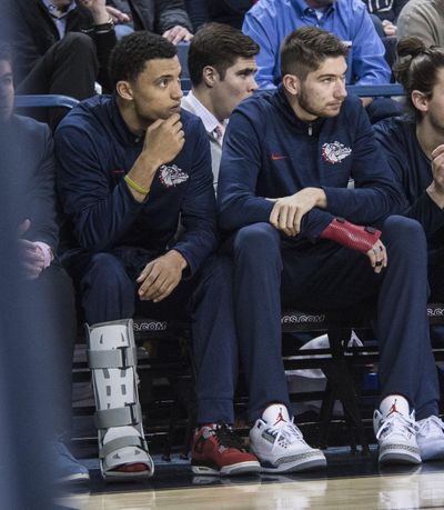 Gonzaga players Bryan Alberts and Killian Tillie sat out the San Francisco game with injuries. Feb. 16,2016, in the McCarthey Athletic Center. (Dan Pelle / The Spokesman-Review)