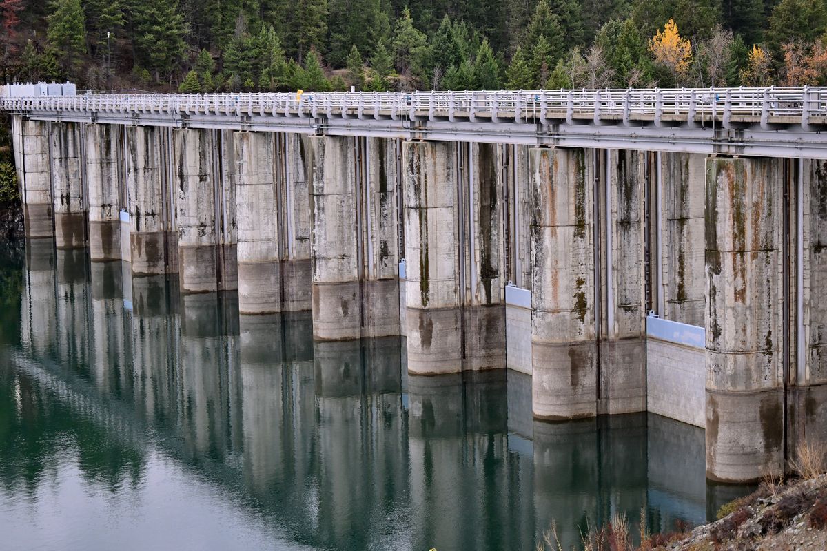 Albeni Falls Dam’s spillway gates are photographed on Tuesday, Nov. 12, 2024, in Oldtown, ID. Earlier this year a defect was discovered in one of Albeni Falls Dam’s spillway gates.  (Tyler Tjomsland/The Spokesman-Review)