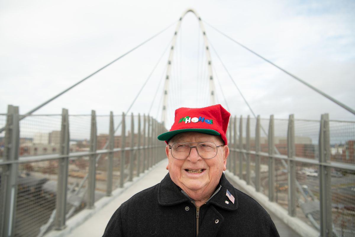 George McGrath, perennial participant in the Spokane City Council’s public comment session each week, stands on the University District Gateway Bridge Wednesday, Dec. 19, 2018. McGrath railed against the bridge, dubbing it the Bridge to Hookerville because it leads to East Sprague, a rundown area where prostitution has been known to occur. (Jesse Tinsley / The Spokesman-Review)