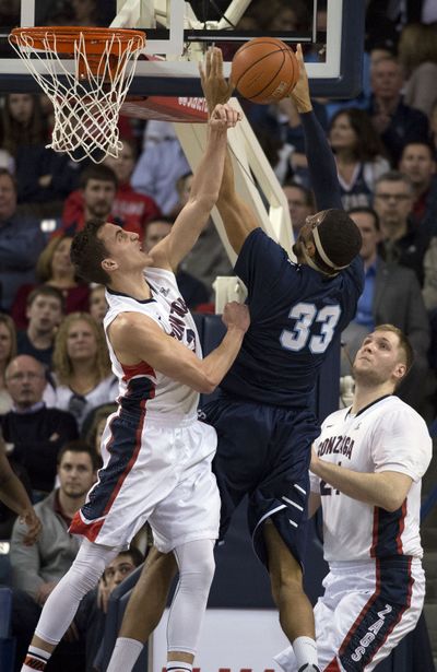 Kyle Dranginis, left, and GU outrebounded and significantly outscored the Toreros in the paint on Thursday. (Colin Mulvany)