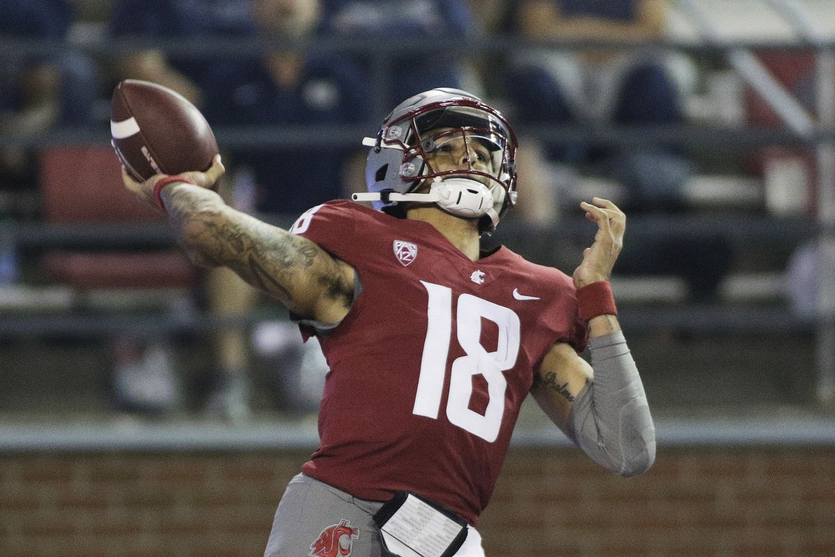 Washington State quarterback Jarrett Guarantano throws a pass during the first half against Utah State on Saturday, Sept. 4, 2021, in Pullman, Wash.  (Associated Press)