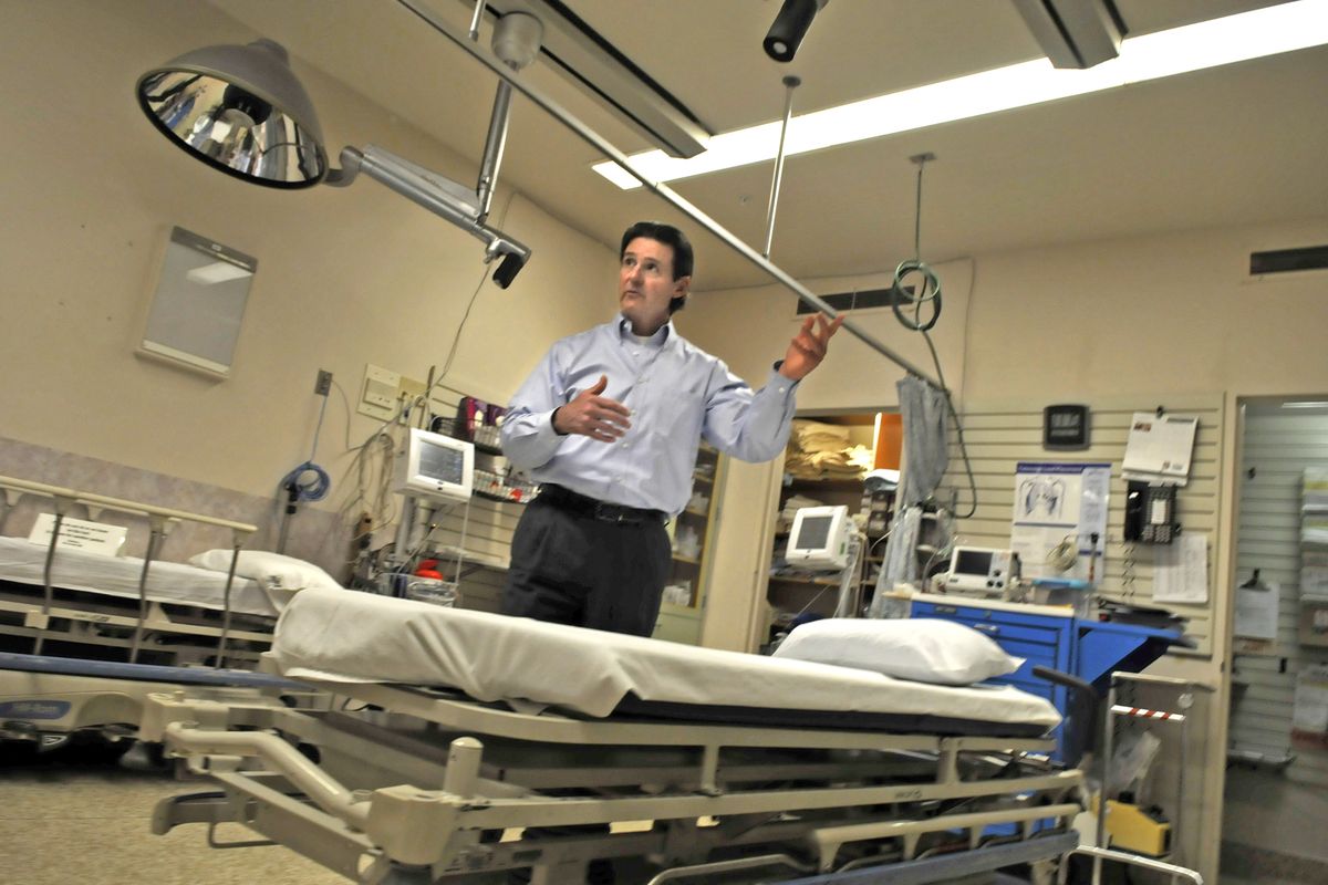 Lincoln Hospital CEO Tom Martin talks about the challenges of rural health facilities as he points out the features of their two-bed emergency room in Davenport, Wash., during a tour Wednesday June 22, 2010. (Christopher Anderson / The Spokesman-Review)