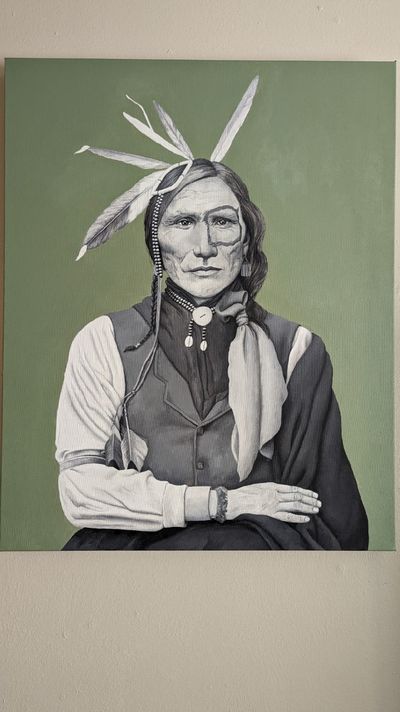 Tiffanie Irizarry’s “Chief Iron White Man,” 2022, acrylic on canvas, is among the works featured in “Land Acknowledgment,” opening Friday at Gonzaga University’s Urban Arts Center. 