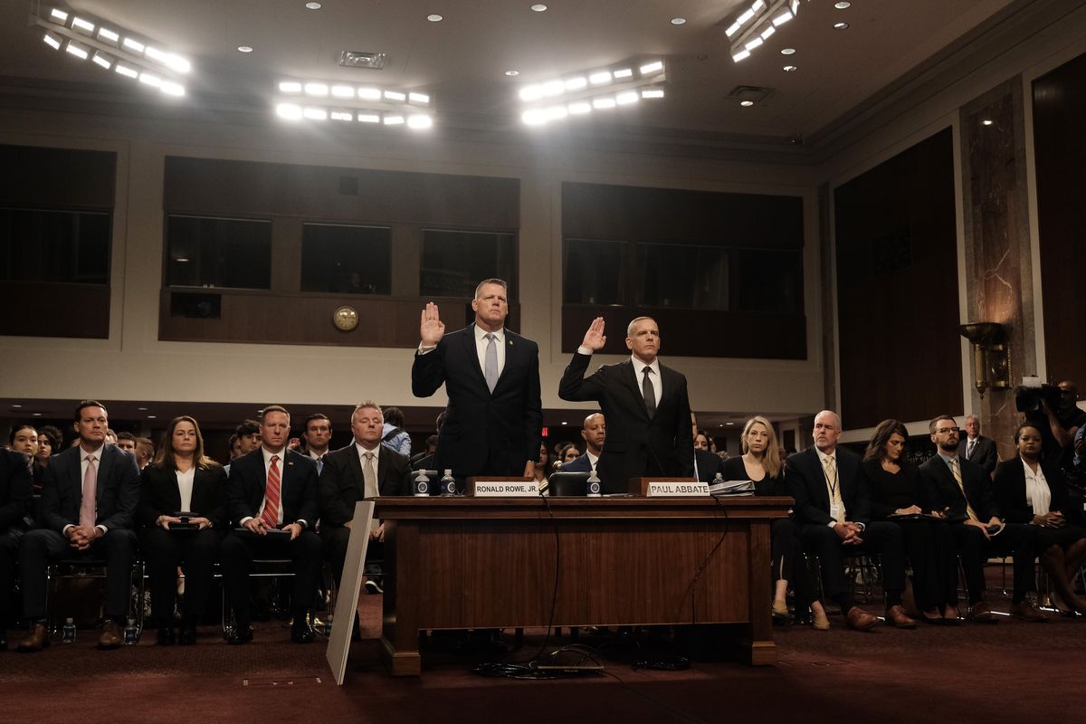 Acting director of the U.S. Secret Service, Ronald Rowe Jr., left, and FBI Deputy Director Paul Abbate are sworn in before testifying during a U.S. Senate Homeland Security and Governmental Affairs and Senate Judiciary joint committee hearing on Tuesday in Washington, D.C. (Michael A. McCoy)