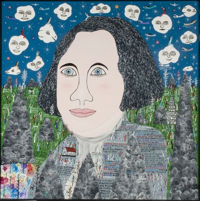 “George Washington Looked into Another World” was painted by Howard Finster, who made prophecies of other worlds created by God. It’s part of the show “Amen Amen” at the Jundt.