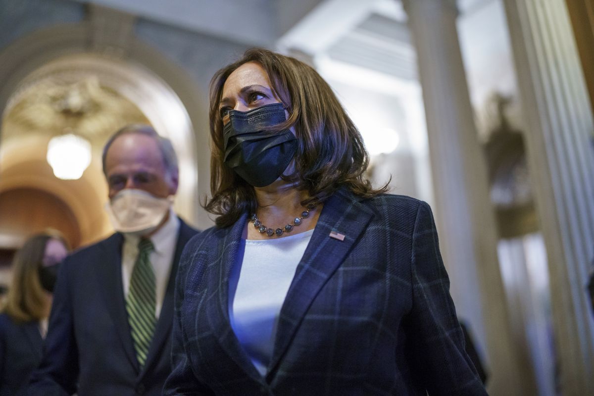 Vice President Kamala Harris departs the Capitol after the Senate voted to advance the $1 trillion bipartisan infrastructure bill, at the Capitol in Washington, Saturday, Aug. 7, 2021.  (J. Scott Applewhite)
