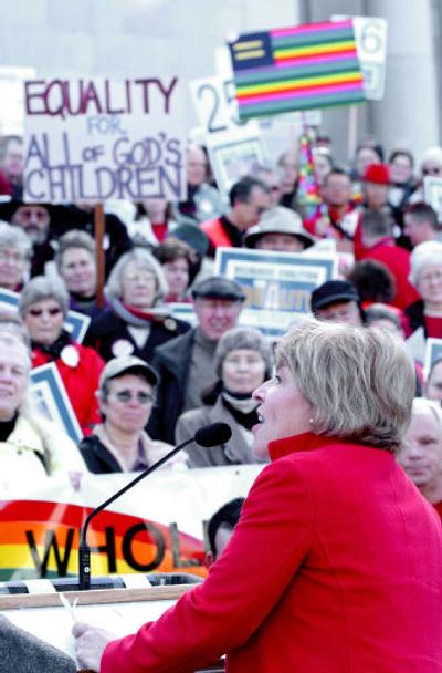 
Senate Majority Leader Lisa Brown, D-Spokane, speaks to a crowd of more than 1,000 people at a demonstration on the steps of Washington's state Capitol Monday in Olympia. The demonstrators called on lawmakers to pass a bill banning discrimination against gays, lesbians, bisexuals and transgendered people. 
 (Richard Roesler/ / The Spokesman-Review)
