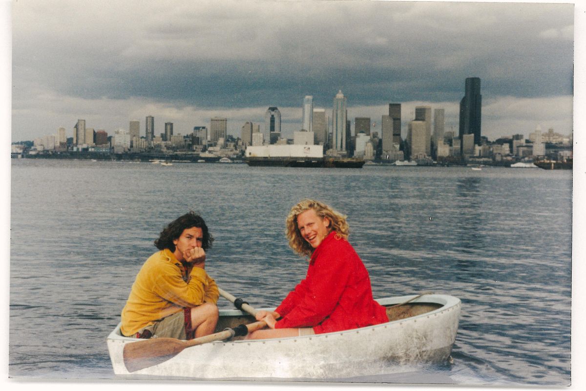 Eddie Vedder and Bob Whittaker take a boat ride in Puget Sound in the 1990s. (Courtesy Bob Whittaker)