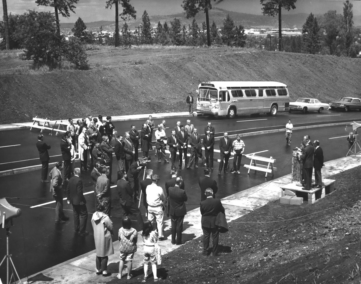 On June 24, 1966, about 50 persons attended the formal opening of the Thor-Ray primary arterial on Spokane’s southeast side. The road was opened by smashing barricades by Mayor Neal R. Fosseen and other dignitaries opened the road by smashing barricades with axes. The arterial was planned to eventually run from the Palouse Highway in the south up to Francis Avenue on the north side. (THE SPOKESMAN-REVIEW PHOTO ARCHIVE / S-R photo archives)