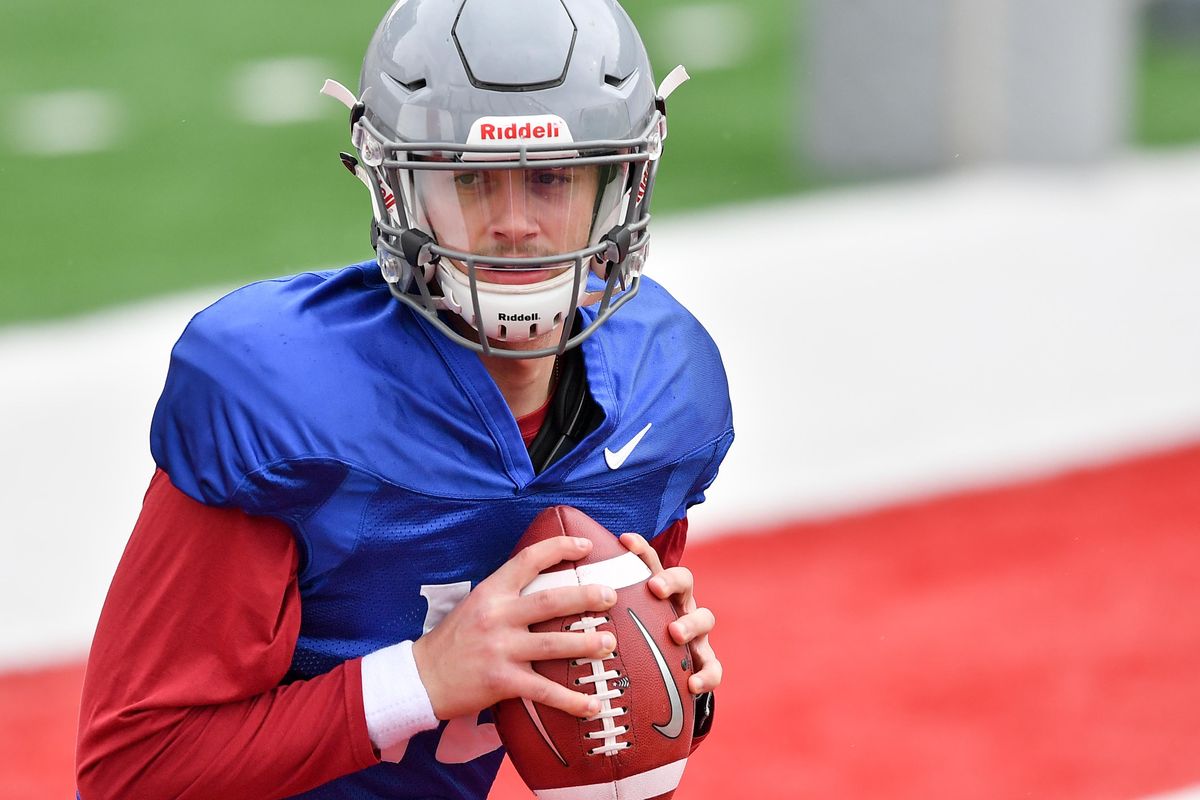 WSU Anthony Gordon (18) runs drills during a spring practice on Thursday, April 4, 2019, in Pullman, Wash. (Tyler Tjomsland / The Spokesman-Review)